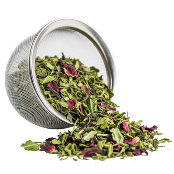 Highly polished stainless steel mesh tea infuser, spherical and slightly open, overflowing with vibrant green tea leaves and crimson hibiscus petals, on a transparent background. Concept of