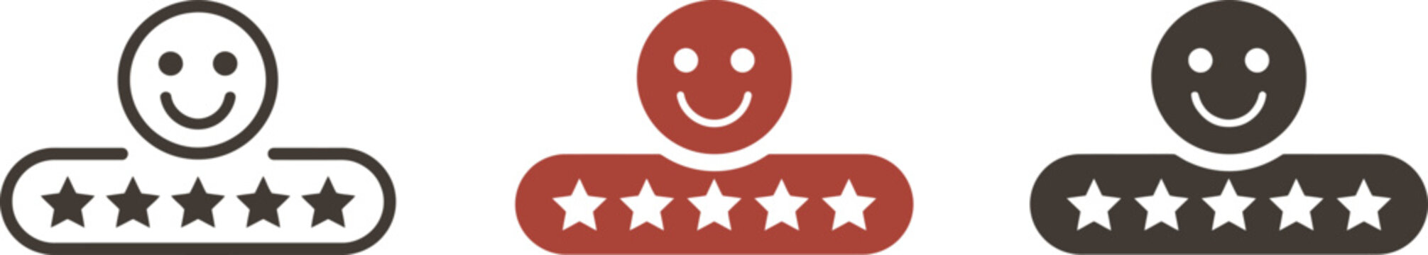 Set of customer feedback icons with happy smiley faces and five star rating system design.