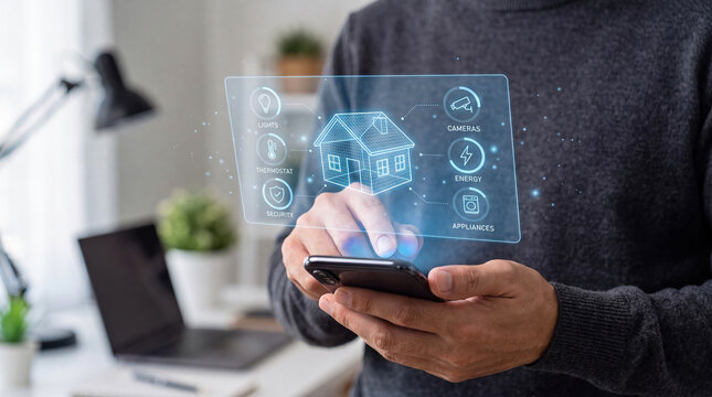 Person using smartphone to control smart home holographic interface with lights, thermostat, security, cameras, energy, and appliances