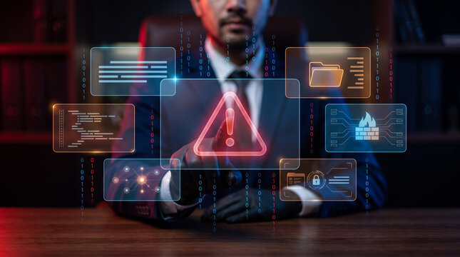 Professional analyzing cybersecurity warning with holographic data visualization and digital threat icons