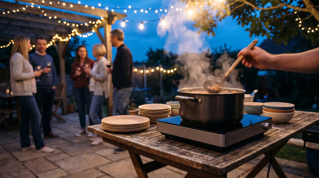 Portable induction cooktop on fold-out table at outdoor evening potluck with simmering pot and steam