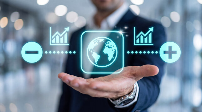 Professional businessman holding holographic globe with growth charts and balance icons for global business success