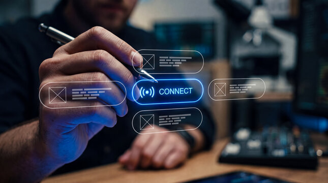 Professional hand activating holographic connect button in futuristic digital workspace