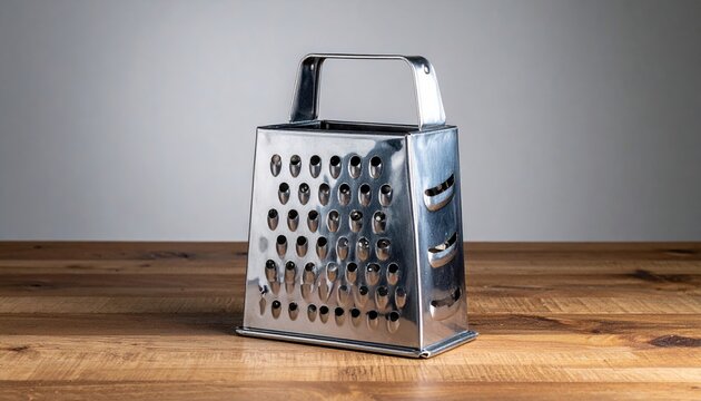 Metal box grater on wooden kitchen table