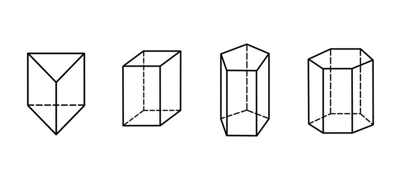 Vector illustration of four regular prisms with bases formed by a regular triangle, square, regular pentagon, and regular hexagon.