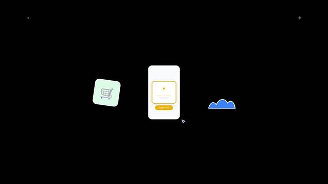 Mobile shopping application interface showing a completed transaction with floating coins and cart icons in this digital motion animation video