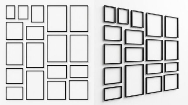 Collage of empty picture frames. Various frame shapes arranged on wall. Interior design concept.