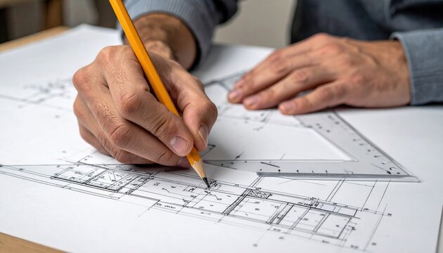 Person drawing technical architectural plans using a pencil and drafting compass