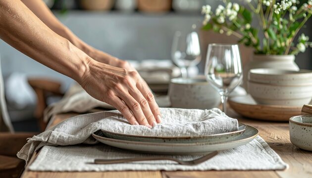 Hands setting a modern dining table with ceramic dishes and linen napkins