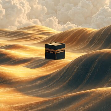 Kaaba cube in the golden desert sand dunes at sunset