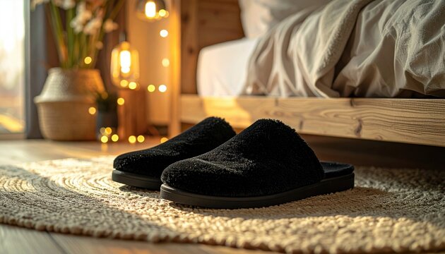Black indoor slippers resting on a textured rug near a natural wood bed frame with cozy lighting