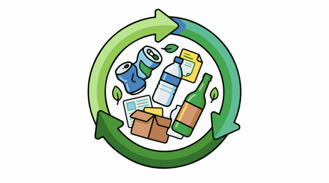 Recycling symbol with various recyclable items and leaves (1)