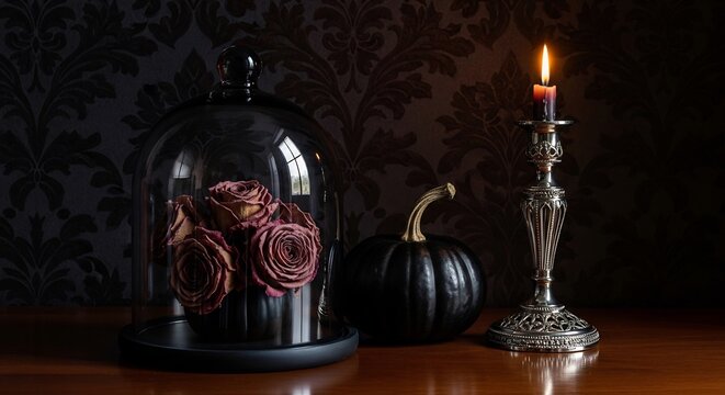 Gothic still life with dried roses under glass dome