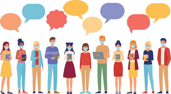 People Wearing Face Masks Vector Illustration, Group Standing with Speech Bubbles, Communication During Pandemic Flat Design