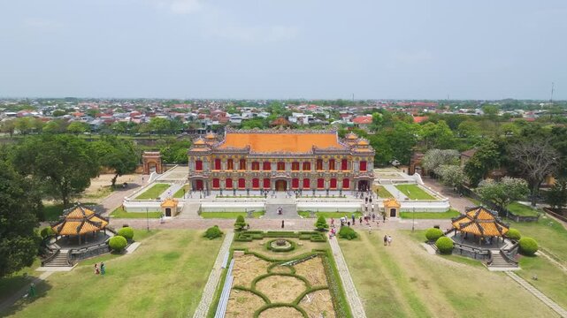 Aerial drone push in of Kien Trung Palace in Hue Imperial City, Vietnam