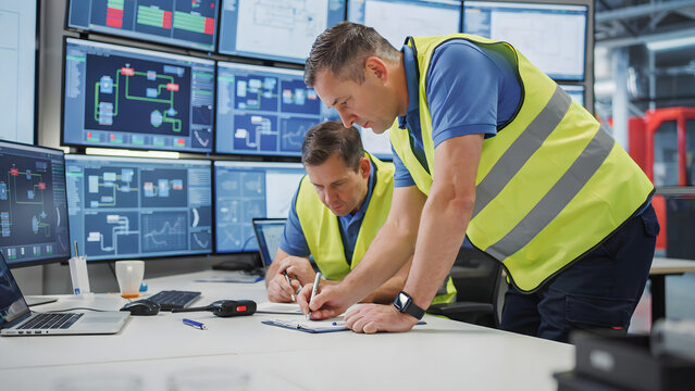 Two male industrial engineers in yellow safety vests writing on a clipboard in a control room with multiple screens showing data charts