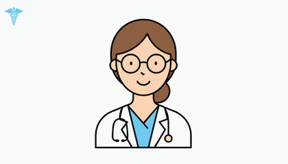 Fototapeta premium Friendly doctor wearing a white coat and glasses with a stethoscope around her neck on a light grey background with a medical logo.