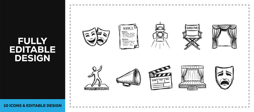 Black ink scribble drama and theater performance icon set bundle featuring hand drawn doodle sketch vector illustrations for creative studio actor and stage production branding.