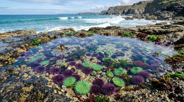 Rocky shoreline tide pool with colorful marine life