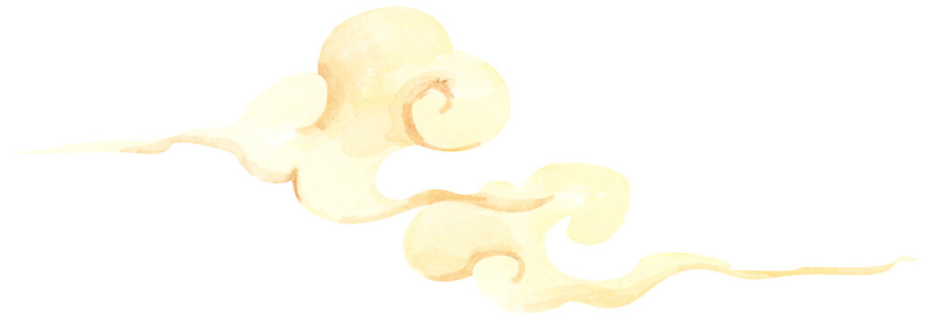 Oriental cloud illustration, watercolor wavy clouds with fluffy swirl shape, mid autumn festival decoration, lunar new year design, Asian traditional culture.