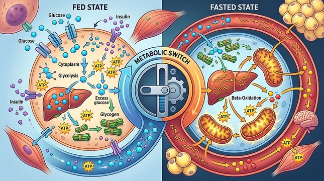Metabolic switch diagram comparing fed and fasted body states