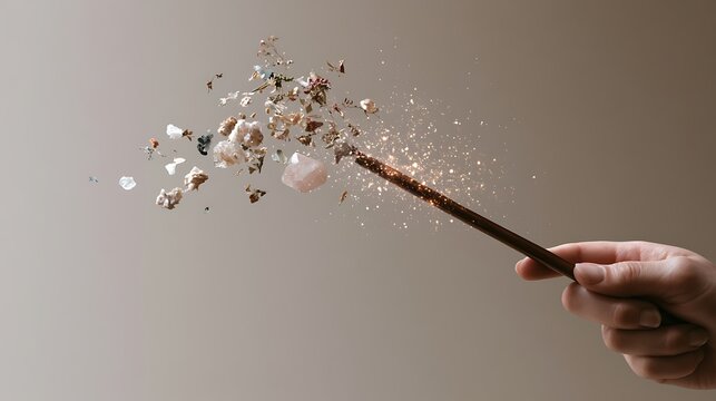 Hand holding magic wand with sparkling glitter explosion