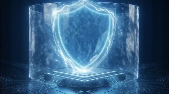 Futuristic cyber technology glowing blue digital shield emanates protection, strength, energy, security, shield, digital defense, data integrity
