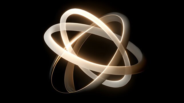 Glowing interconnected rings in black space with minimalist design three interlocking glowing rings gradient gold white hues set against stark black