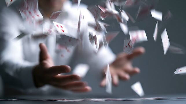 Man throwing playing cards in air, casino gamble concept
