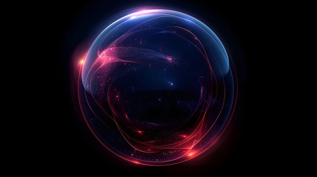 Glowing dark matter sphere with red with lights black background swirling red blue mysterious dark technology astronomy starlight mystery with science