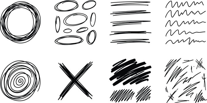 Collection of hand drawn scribble textures and line patterns in black and white