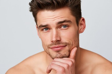 Fototapeta premium Natural beauty portrait of young man resting chin on hand cal