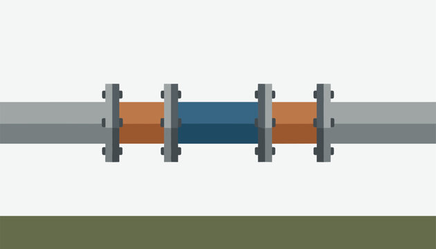 Industrial plumbing pipe section connected with metal flanges and bolts for engineering, infrastructure, and construction projects.
