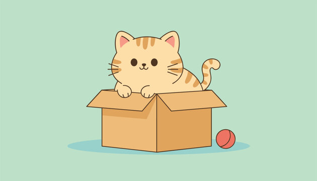 Cute fluffy tabby kitten sitting inside a brown cardboard box with a small red ball beside it on a light background.