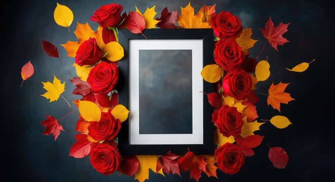 Elegant black picture frame surrounded by red roses and falling autumn leaves against a dark moody background with plenty of copy space, mock-up, leaf, moody