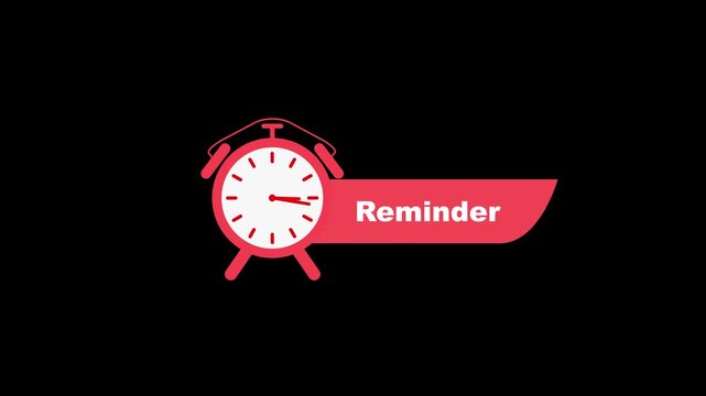 Red alarm clock with reminder text on black background white face