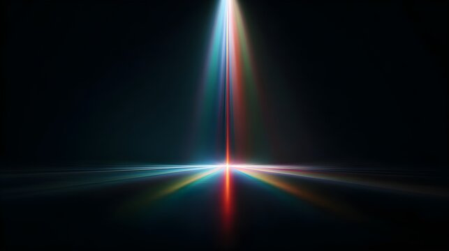 Luminous beam of light radiating in multiple colors against a dark background with multicolored light beam emanating single point dark surface