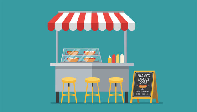 Small street food stand serving hot dogs with a menu board and yellow stools on a simple blue background for takeaway.