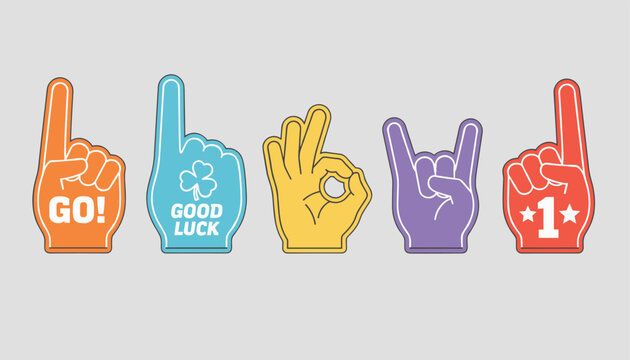 Set of five colorful foam fingers representing encouragement and celebration with slogans like Go, Good Luck, and Number One.