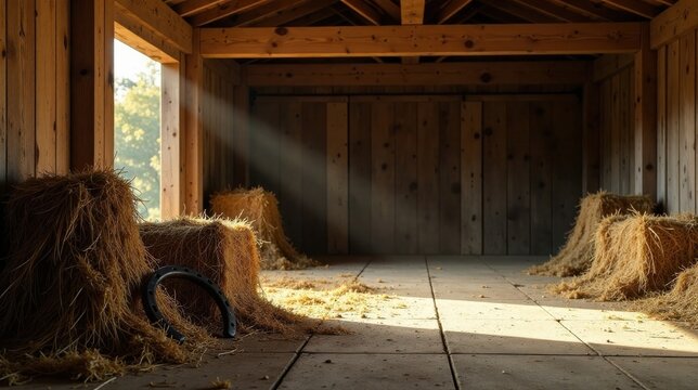 Sunbeams Illuminate Rustic Hay-Filled Barn Interior, Horseshoes Resting Near Golden Hay Bales