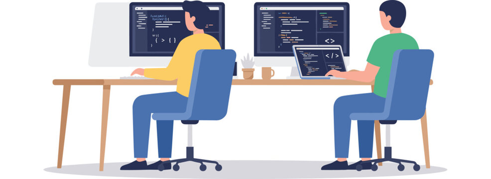 Software developers working at office desk vector illustration with programmers coding script on desktop monitors and laptop screens