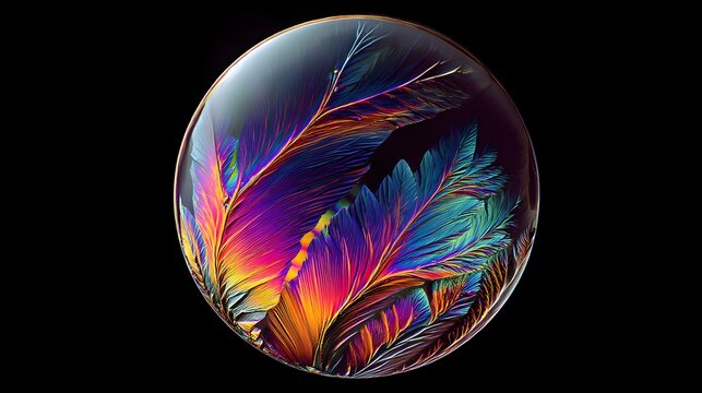 Vibrant crystal formation with iridescent feathery patterns with macro photograph glowing crystal colorful patterns black background photography