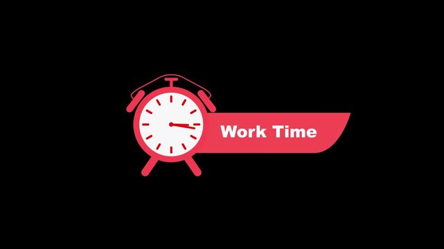 Red alarm clock with work time text on black white black background