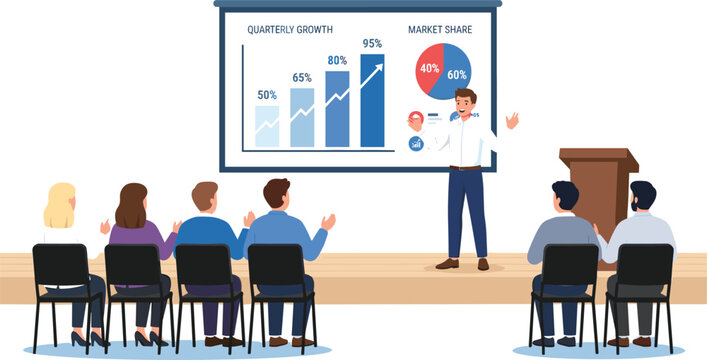 Business presentation vector illustration with speaker presenting financial charts quarterly growth and market share data statistics to audience