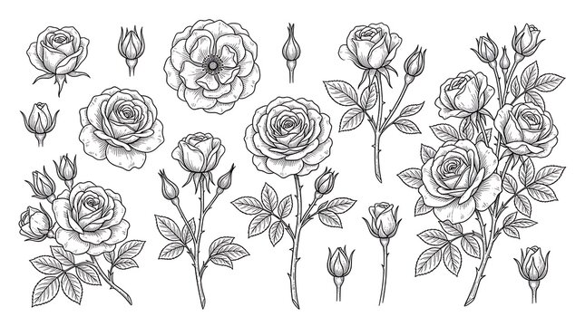 Hand-drawn rose collection, black and white floral line on white background flower