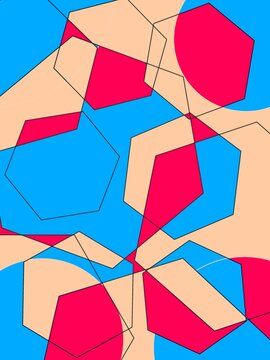 Abstract geometric pattern background with overlapping shapes in blue red and beige colors