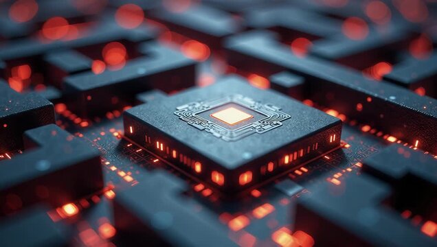 Glowing Microchip Surrounded by Circuitry in a Futuristic Setting