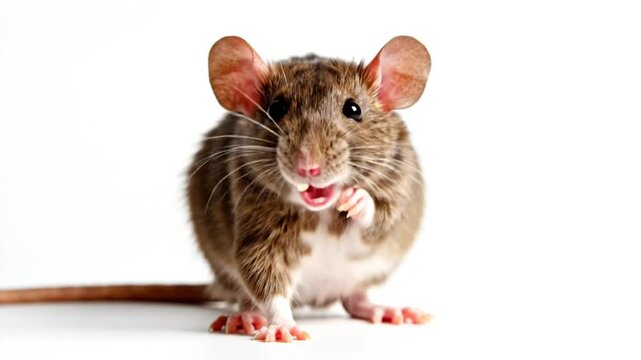 Cute brown rat looking directly at the camera with its pink paws and ears on a white background