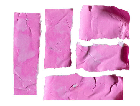 Various Sizes of Weathered Rectangular Pink Paper with Organic Hand Torn Edges Isolated on White Background