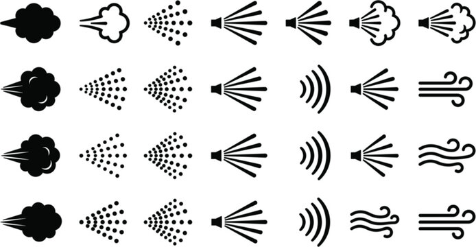 Water spray aerosol cloud and wind blow black icon set
